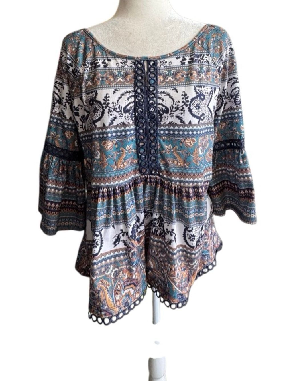 ONE WORLD Teal Navy and Cream Boho Peasant Tunic Babydoll Bell Sleeves PL